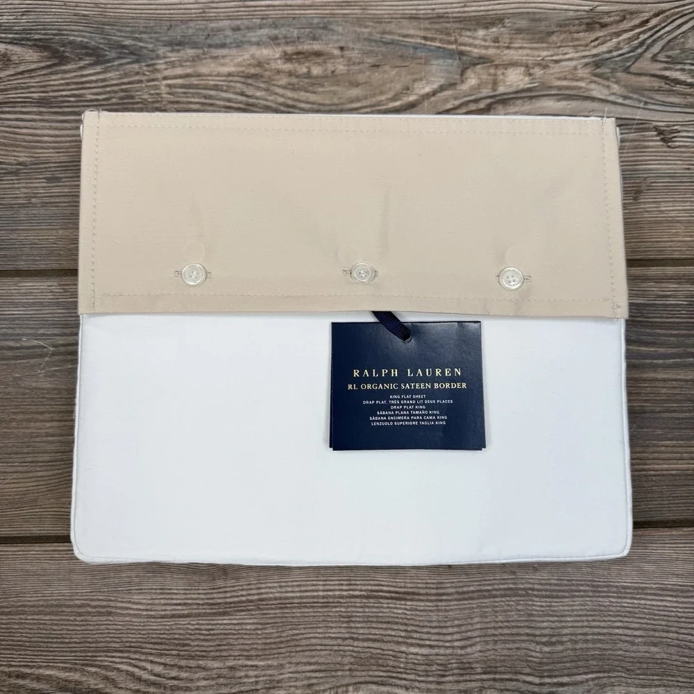 Ralph Lauren‎ RL 624 TC Organic Sateen Border King Flat Sheet Coastal Sand NWT